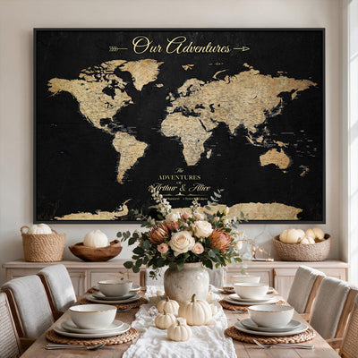 Personalized Framed Beige Push Pin World Map Canvas Print, Family Travel Tracker, Bedroom and Home Office Decor