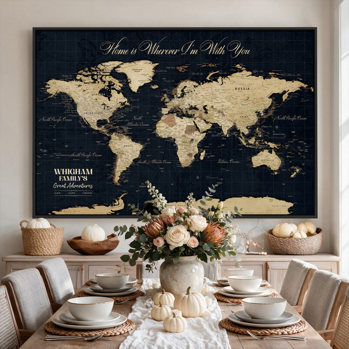 Personalized Framed Beige Geometric Push Pin World Map Wall Art, Couples Countries Visited Map, Bedroom and Hallway Decor