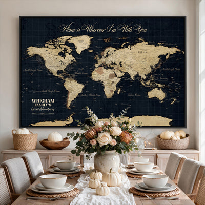 Personalized Framed Beige Geometric Push Pin World Map Wall Art, Couples Countries Visited Map, Bedroom and Hallway Decor
