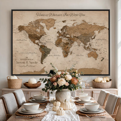 Personalized Framed Beige World Map Canvas with Push Pins, Honeymoon and Anniversary Gift, Living Room and Hallway Decor