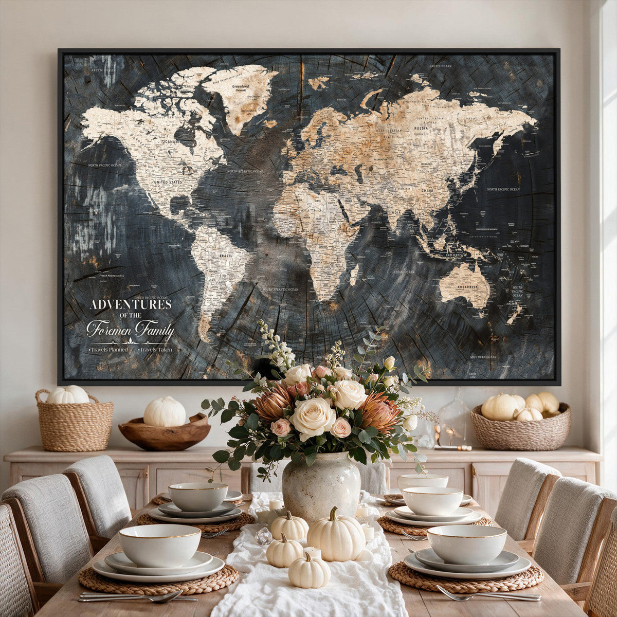 Personalized Framed Beige Push Pin World Map Canvas Print, Bucket List Map, Living Room and Hallway Decor