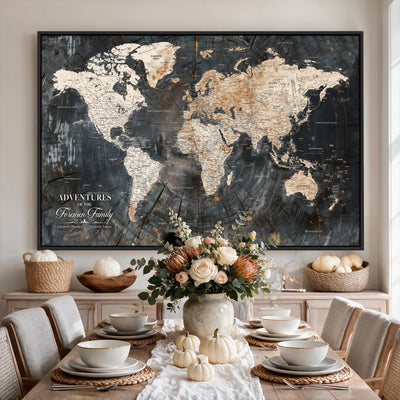 Personalized Framed Beige Push Pin World Map Canvas Print, Bucket List Map, Living Room and Hallway Decor