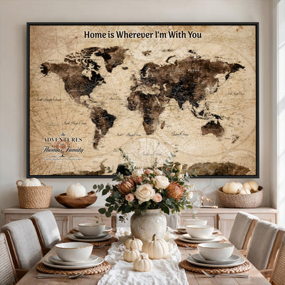 Personalized Framed Beige Modern World Travel Map Wall Art with Pins, Family Adventure Map, Living Room and Hallway Decor