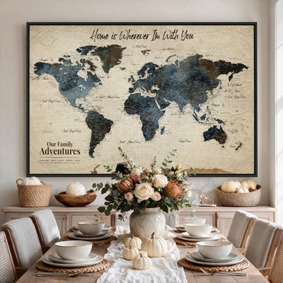 Personalized Framed Black Modern Push Pin Travel Map Canvas Print, Family Travel Tracker, Home Office and Entryway Decor