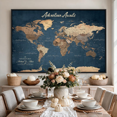 Personalized White Vintage World Travel Map Wall Art with Pins, Next Trip Planner Map, Family Room and Dining Room Decor