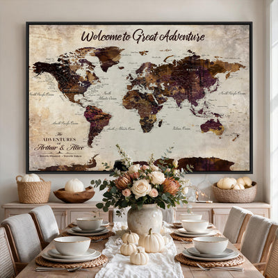 64110391126-MGV-CV-36X24 - Custom Beige World Travel Map Wall Art with Pins, Places Visited Tracker, Family Room and Entryway Decor