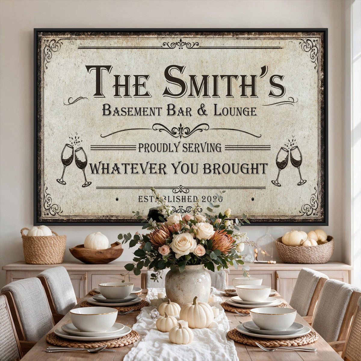 Custom Basement Bar & Lounge Sign Canvas, Personalized Family Name Art