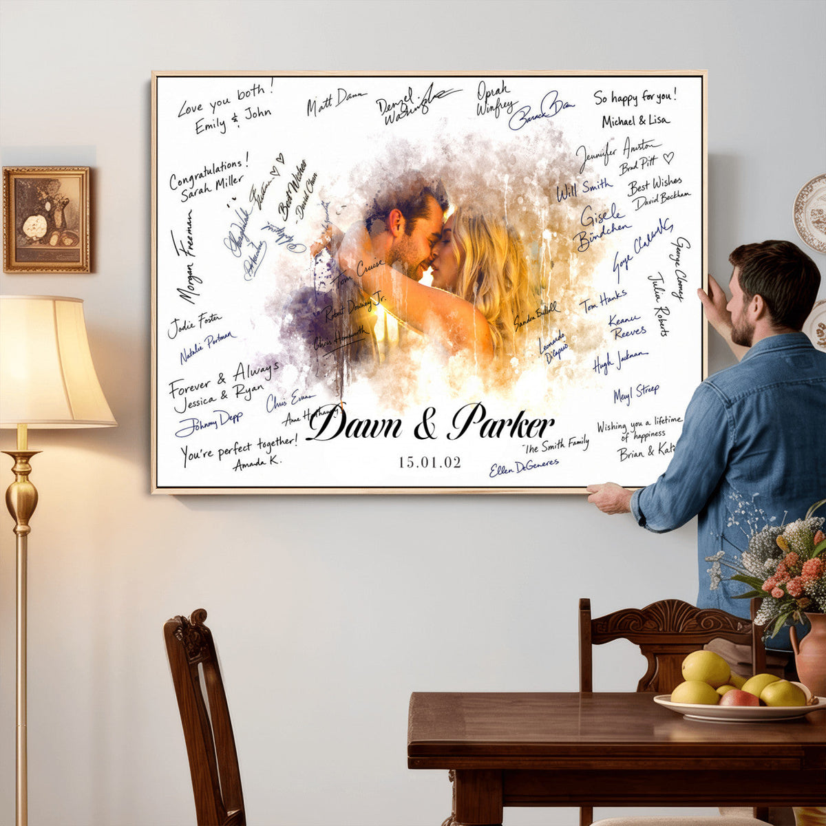 74713307-MGV-CV-36X24 - Wedding Guest Book Alternative Wall Art Canvas Print, Personalized Couple Photo Guestbook Wedding Signature Poster, Custom Couple Photo Guestbook Canvas, Bridal Shower Reception Decor