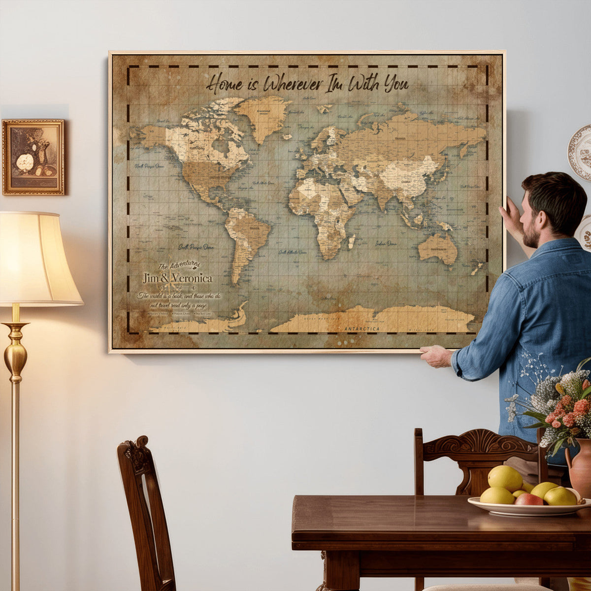97123877-MGV-CV-36X24 - Vintage Custom Push Pin World Map Print | Vintage Travel Map Canvas, Personalized Names Anniversary Gift, Places Visited Pin Board