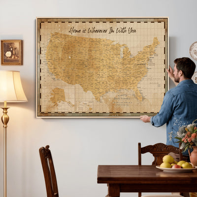 62164711-MGV-CV-36X24 - Personalized USA Push Pin Travel Map, Custom United States Map, Push Pin Map, USA Bucket List Map, Anniversary Gift - Couple Travel Map Wall Art
