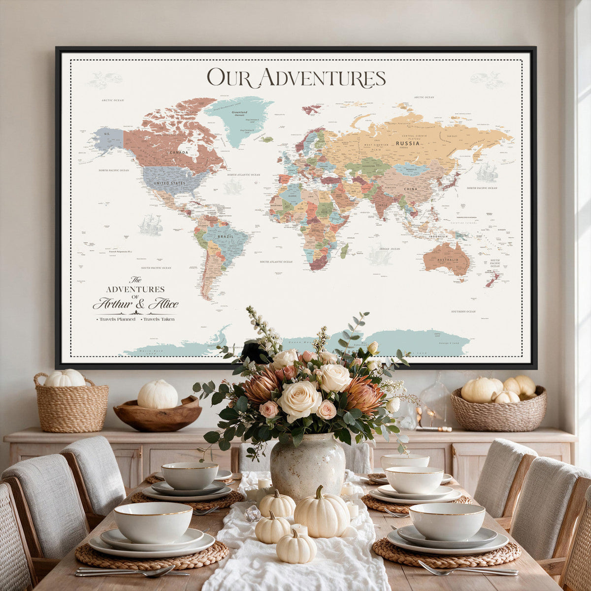 Personalized Framed Navy Push Pin World Map Canvas Print, Next Trip Planner Map, Living Room and Entryway Decor