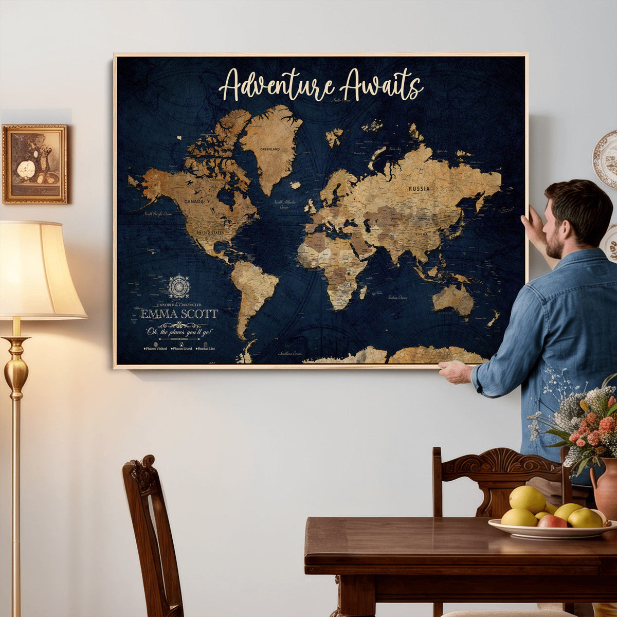 44399597-MGV-CV-36X24 - Custom Push Pin World Map Canvas Print | Personalized Travel Map Wall Art