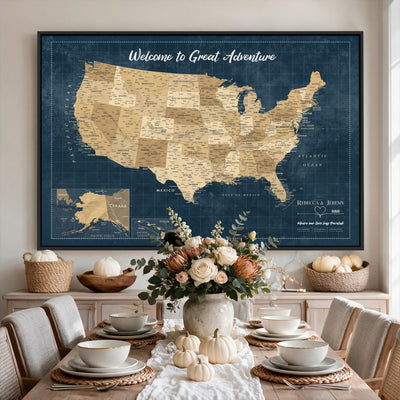 58851035-MGV-CV-36X24 - Custom Cream Push Pin USA Map Canvas Print, 50 State Bucket List Map, Family Room and Hallway Decor