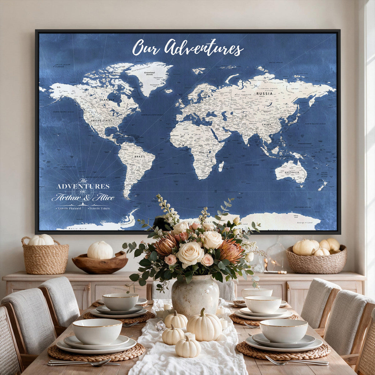 75405527-MGV-CV-36X24 - Extra Large Framed Personalize Push Pin World Map Wall Art Canvas Print for Travel Tracking - NEWMAP-113A