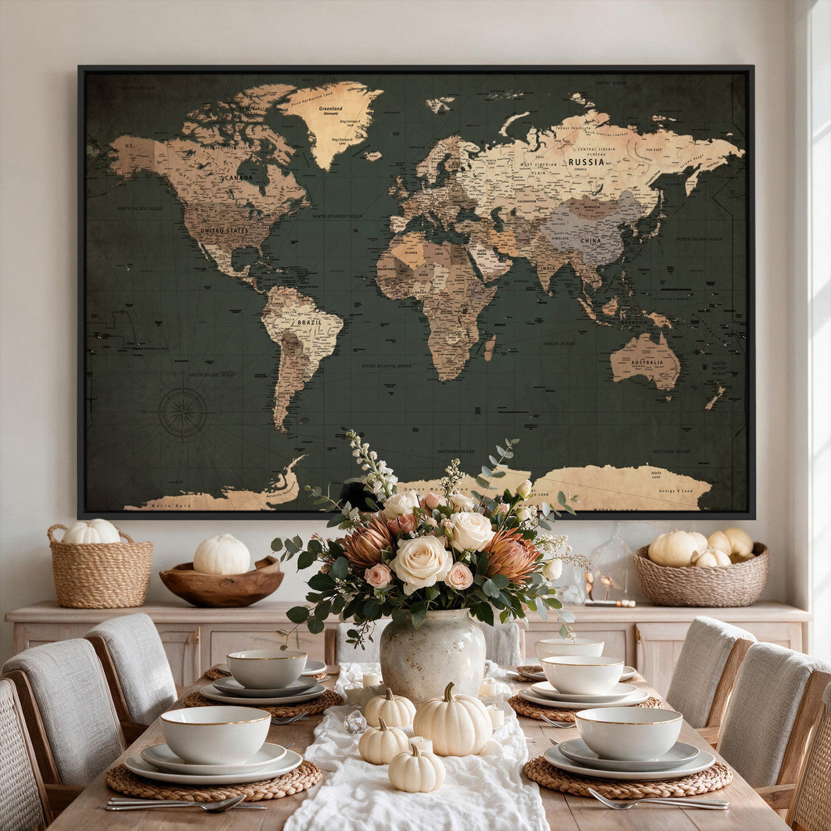 42327656-MGV-CV-36X24 - Extra Large Framed Personalize Push Pin World Map Wall Art Canvas Print for Travel Tracking - NEWMAP-116