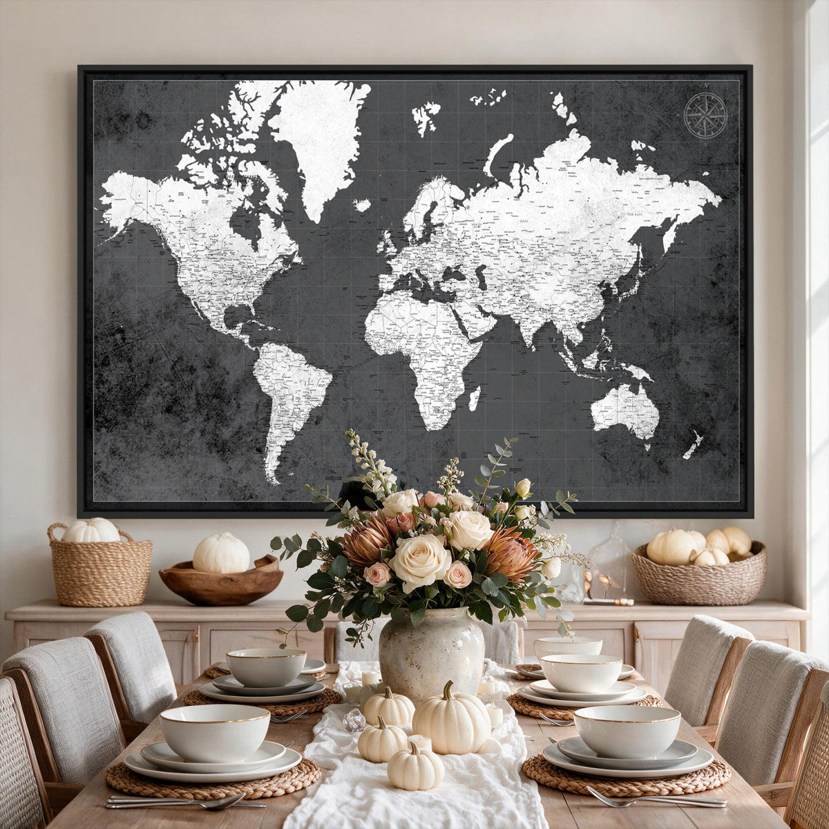 78574966-MGV-CV-36X24 - Extra Large Framed Personalize Push Pin World Map Wall Art Canvas Print for Travel Tracking - NEWMAP-128