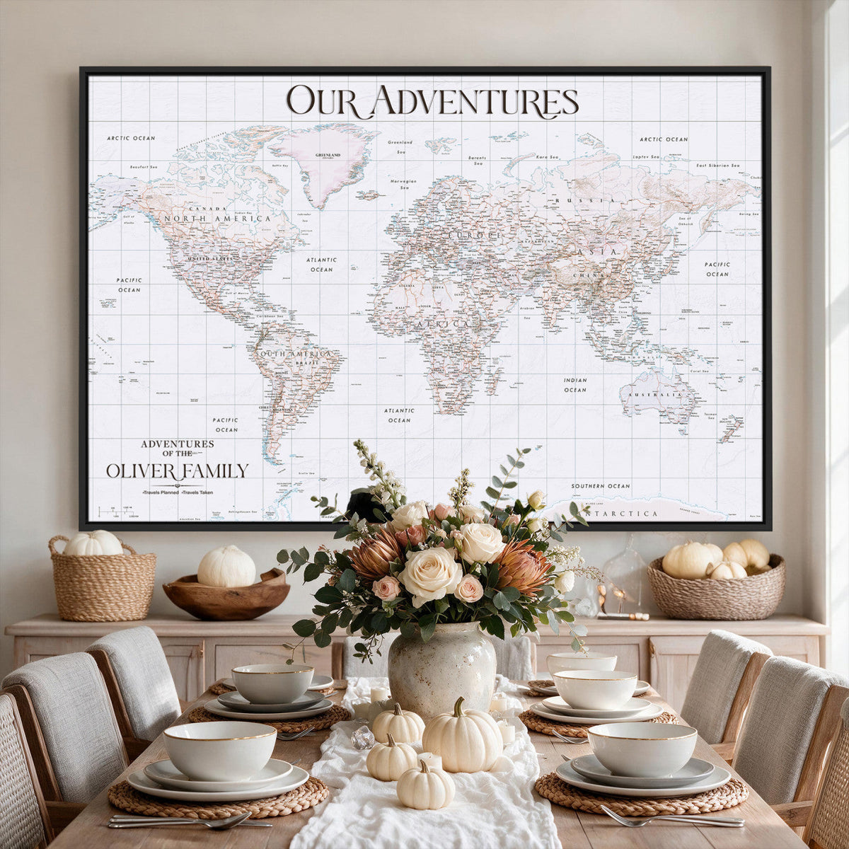 18074626D3DD-MGV-CV-36X24 - Extra Large Framed Personalized Push Pin World Map Wall Art Canvas Print for Travel Tracking