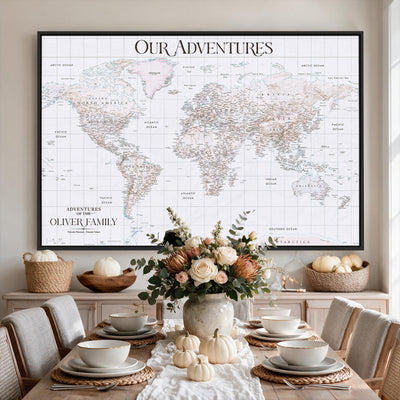 18074626D3DD-MGV-CV-36X24 - Extra Large Framed Personalized Push Pin World Map Wall Art Canvas Print for Travel Tracking