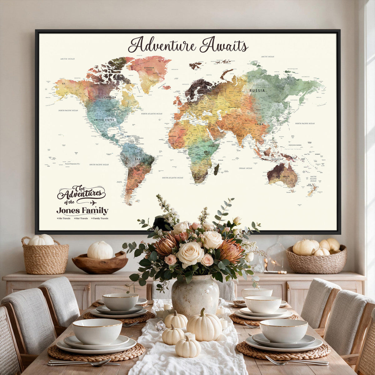 Personalized Framed Beige Modern Push Pin Travel Map Canvas Print, Family Travel Tracker, Bedroom and Home Office Decor