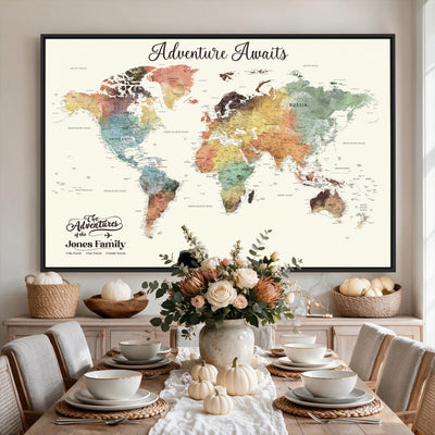 Personalized Framed Beige Modern Push Pin Travel Map Canvas Print, Family Travel Tracker, Bedroom and Home Office Decor