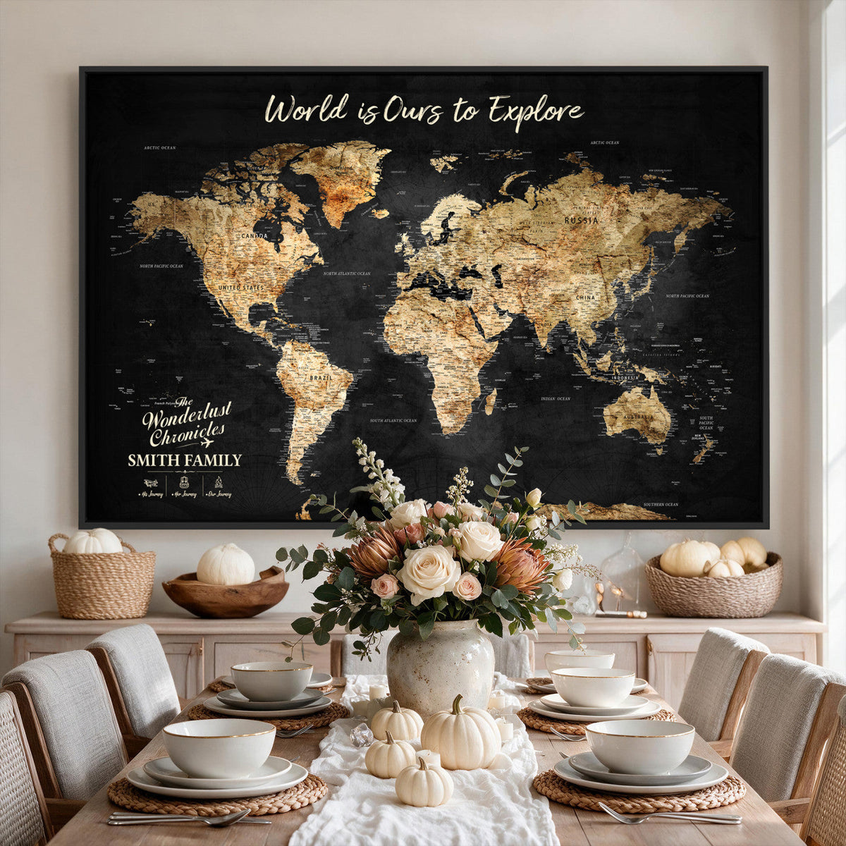 Personalized Beige Push Pin Travel Map Canvas Print, Family Travel Tracker, Bedroom and Entryway Decor