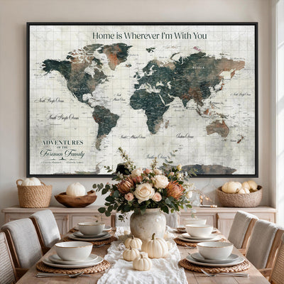 Personalized Framed Beige Push Pin Travel Map Canvas Print, Family Travel Tracker, Home Office and Hallway Decor