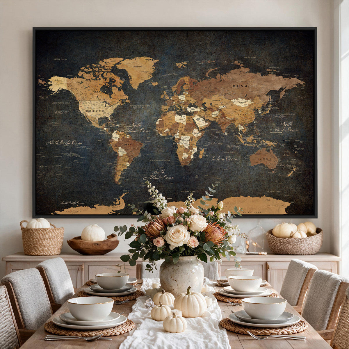 40660012D-MGV-CV-36X24 - Custom Push Pin World Map Wall Art Canvas Print – Personalized Travel Tracker with Pins Framed Large for Home and Office Decor