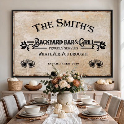 Custom Backyard Bar & Grill Sign, Personalized Family Name Arch Canvas