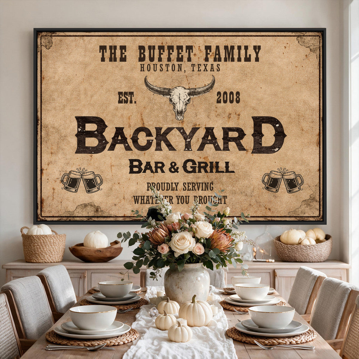 Custom Backyard Bar & Grill Sign Canvas, Personalized Family Name Sign