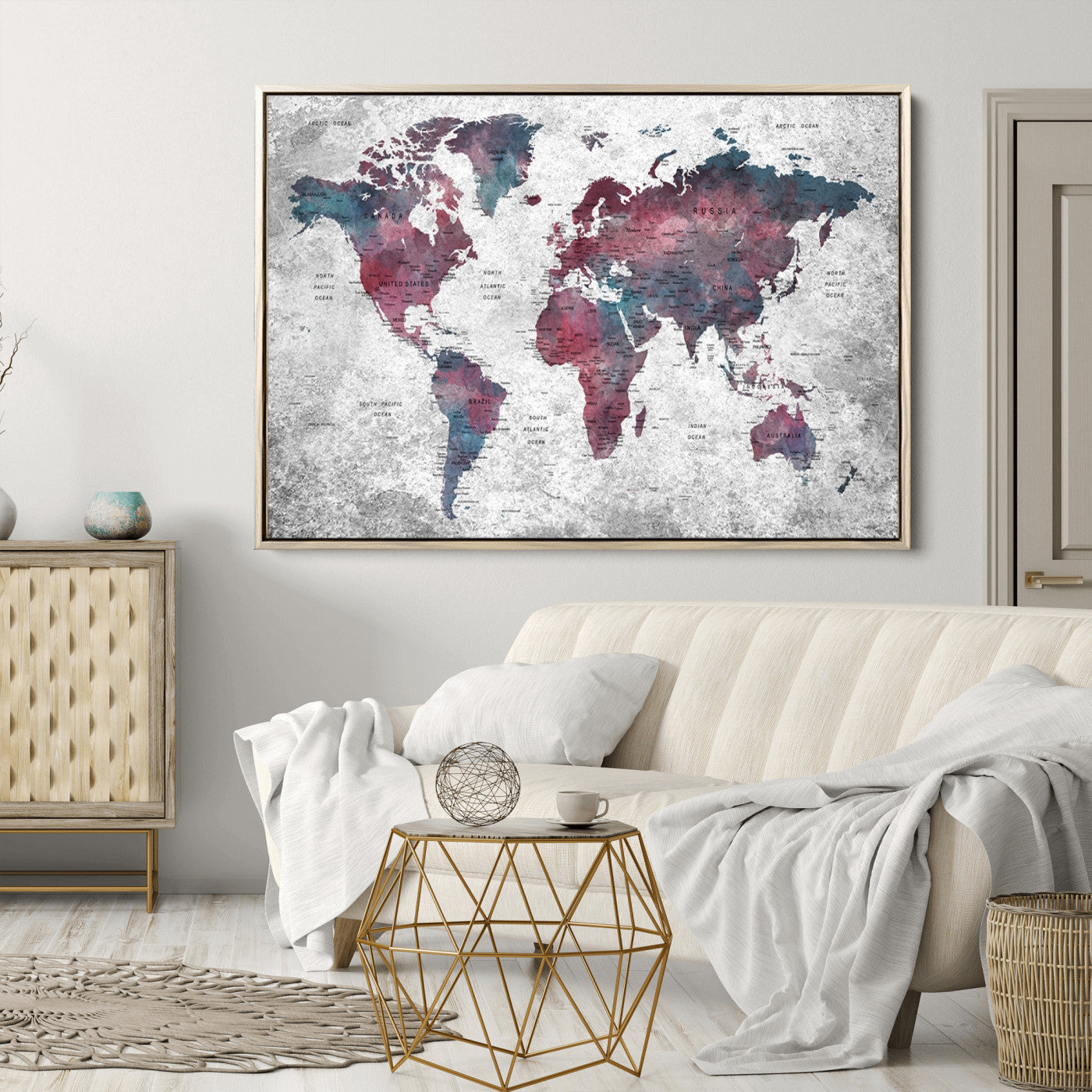 Push Pin World Map Canvas Print – Framed Wall Art for Couples to Track Their Travels – Anniversary Gift or Home Adventure Decor