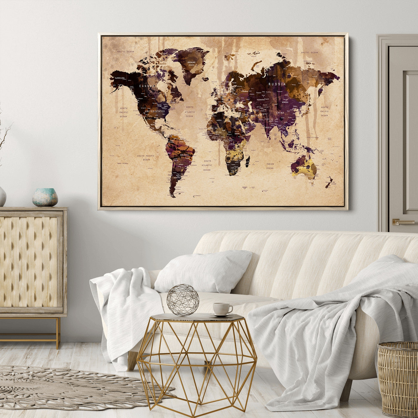 Push Pin World Map Canvas Print – Framed Wall Art for Couples to Track Their Travels – Anniversary Gift or Home Adventure Decor