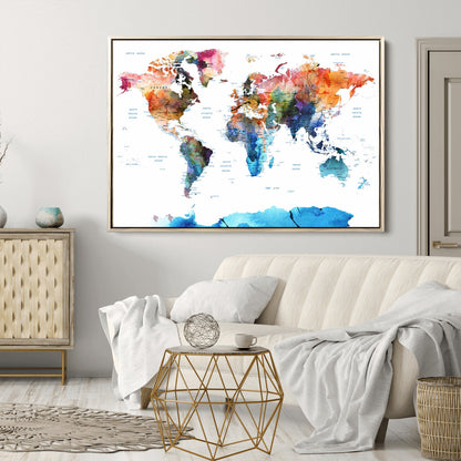 Push Pin World Map Canvas Print – Framed Wall Art for Couples to Track Their Travels – Anniversary Gift or Home Adventure Decor