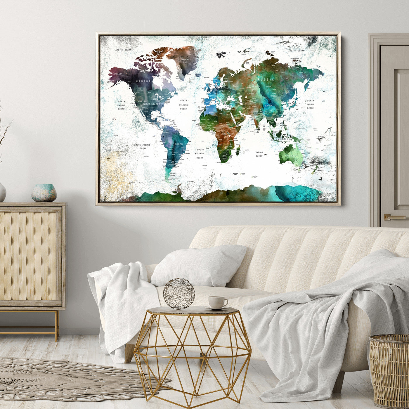 Push Pin World Map Canvas Print – Framed Wall Art for Couples to Track Their Travels – Anniversary Gift or Home Adventure Decor
