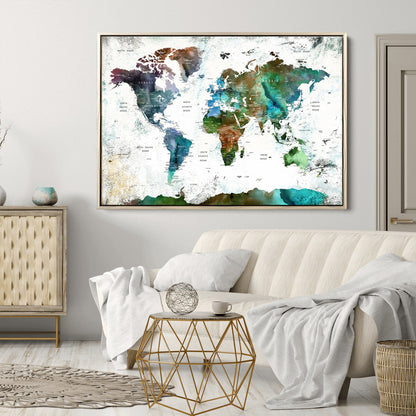 Push Pin World Map Canvas Print – Framed Wall Art for Couples to Track Their Travels – Anniversary Gift or Home Adventure Decor