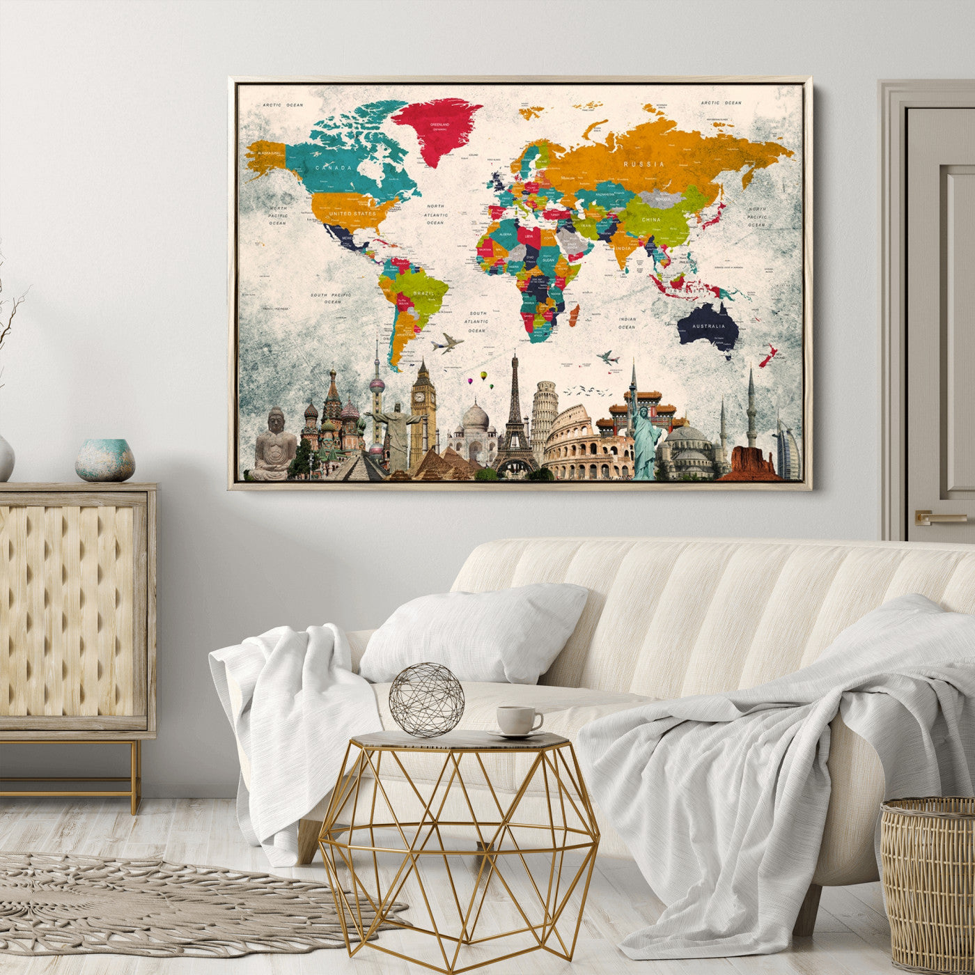 Push Pin World Map Canvas Print – Framed Wall Art for Couples to Track Their Travels – Anniversary Gift or Home Adventure Decor