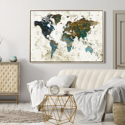 Vintage World Map Wall Art Canvas Print, Framed Rustic Earth Map Art Picture Print, Antique Map Perfect Rustic Vintage Decor Artwork