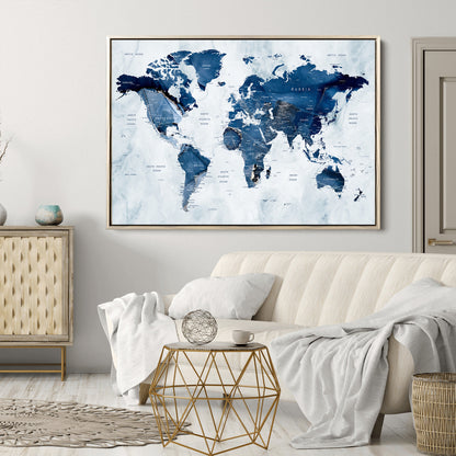 Push Pin World Map Canvas Print – Framed Wall Art for Couples to Track Their Travels – Anniversary Gift or Home Adventure Decor