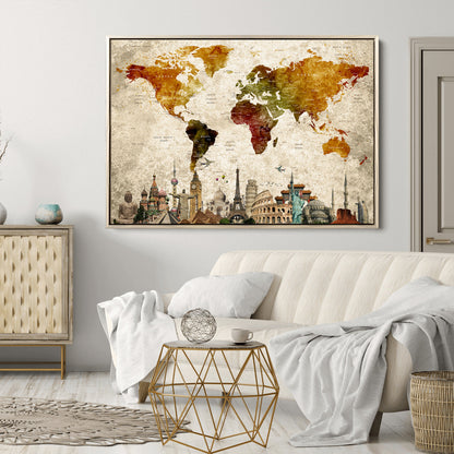 Push Pin World Map Canvas Print – Framed Wall Art for Couples to Track Their Travels – Anniversary Gift or Home Adventure Decor
