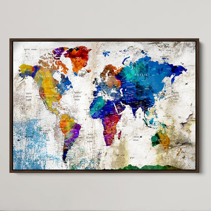 Push Pin World Map Canvas Print – Framed Wall Art for Couples to Track Their Travels – Anniversary Gift or Home Adventure Decor
