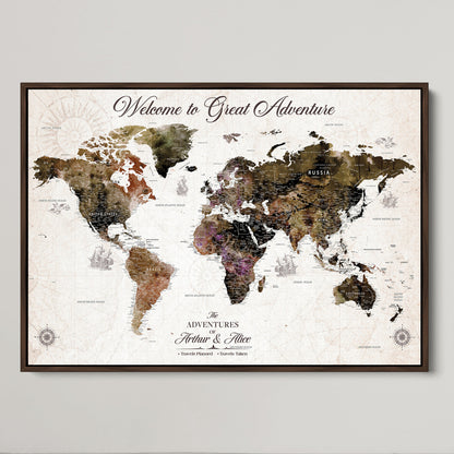 35778202-MGV-CV-36X24-Custom Push Pin World Map Wall Canvas Print – Personalized Travel Map with Pins – Framed Large Canvas for Home Office Decor