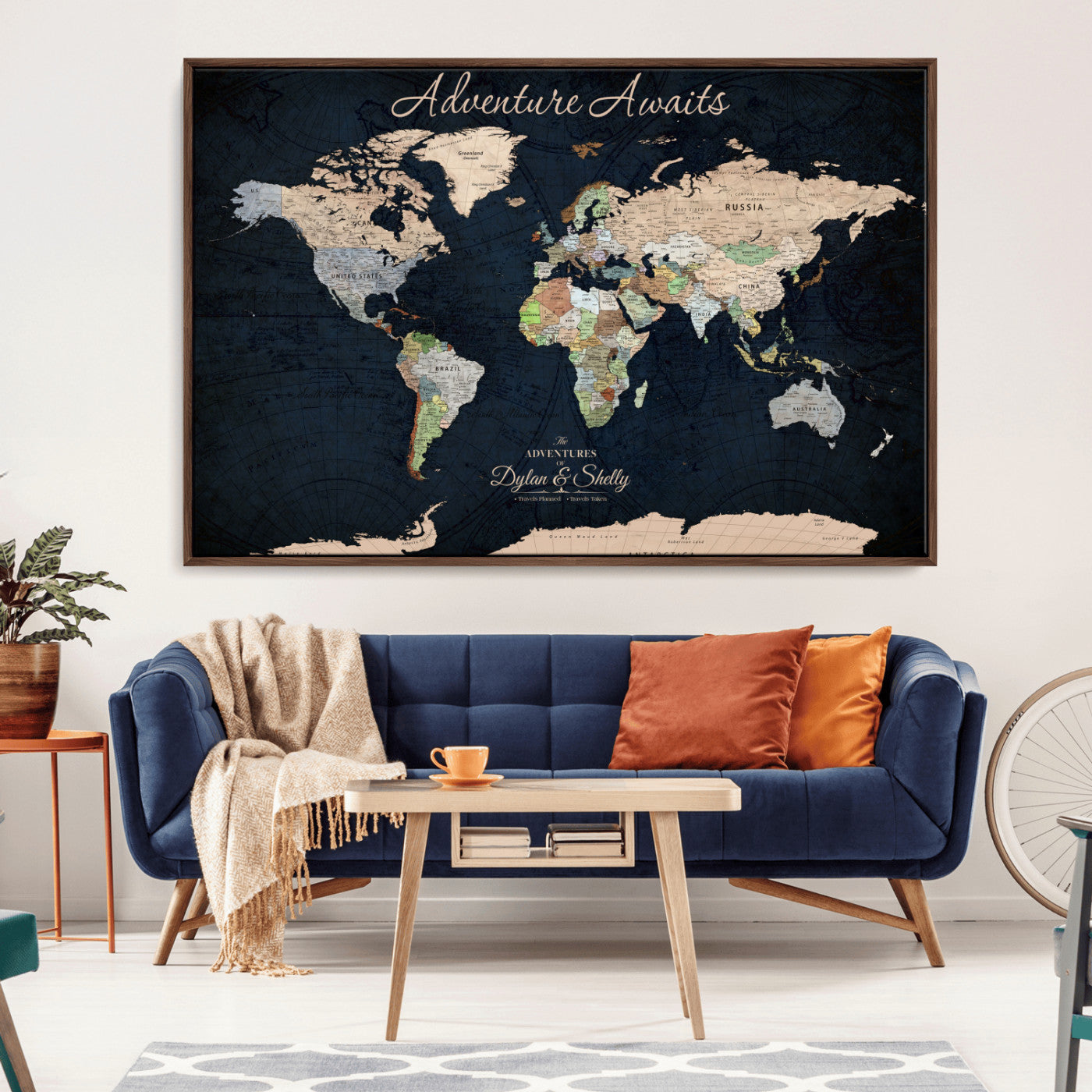 43186793-MGV-CV-30X20-Personalized World Map Print, Customizable Push Pin Framed World Map Print on Canvas - Custom Quote on Map Print