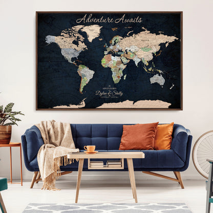 43186793-MGV-CV-30X20-Personalized World Map Print, Customizable Push Pin Framed World Map Print on Canvas - Custom Quote on Map Print