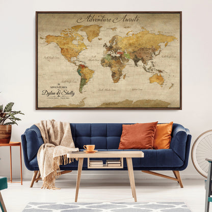 50298017-MGV-CV-36X24-Personalized World Map Print, Customizable Push Pin Framed World Map Print on Canvas - Custom Quote on Map Print