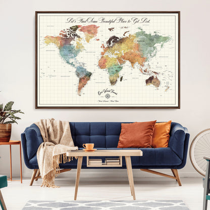 29289638-MGV-CV-36X24-Personalized World Map Print - Customizable Push Pin Framed World Map Print on Canvas - Custom Quote on Map Print