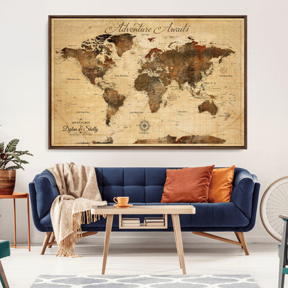 57497711-MGV-FC-36X24_Walnut-Personalized World Map Canvas Print - Customizable Push Pin Framed World Map Print on Canvas - Custom Quote on Map Print