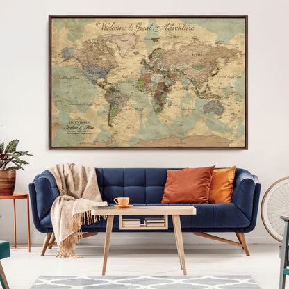 17693651-MGV-CV-36X24-Custom Push Pin World Map Wall Canvas Print – Personalized Travel Tracker with Pins – Framed Custom Quotie Canvas for Home Office Decor Art Print