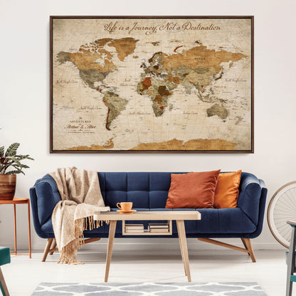 79036691-MGV-CV-30X20-Custom Push Pin World Map Wall Canvas Print – Personalized Travel Tracker with Pins – Framed Custom Quotie Canvas for Home Office Decor