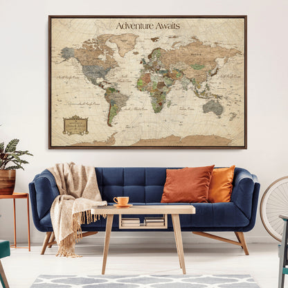 33020399-MGV-CV-30X20-Custom Push Pin World Map Wall Canvas Print – Personalized Travel Tracker with Pins – Framed Custom Quotie Canvas for Home Office Decor