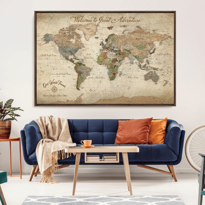 76478536-MGV-CV-30X20-Custom Push Pin World Map Wall Canvas Print – Personalized Travel Tracker with Pins – Framed Custom Quotie Canvas for Home Office Decor