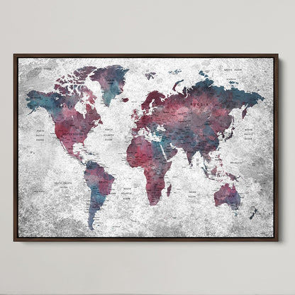 Push Pin World Map Canvas Print – Framed Wall Art for Couples to Track Their Travels – Anniversary Gift or Home Adventure Decor